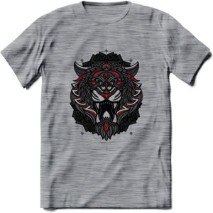 Tijger - Dieren Mandala T-Shirt | Rood | Grappig Verjaardag Zentangle Dierenkop Cadeau Shirt | Dames - Heren - Unisex | Wildlife Tshirt Kleding Kado | - Donker Grijs - Gemaleerd - 3XL