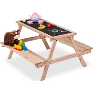 Relaxdays picknicktafel kinderen - houten speeltafel krijtbord - kindertafel buiten