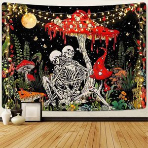 Schedel paddenstoel wandtapijt zon maan, skelet liefhebber wandtapijt, vintage hippie wandkleden, planten tuin muurkunst voor slaapkamer esthetiek, 210 x 150 cm