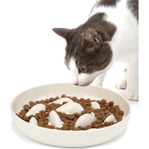Anti-schrokbak voor katten en kleine honden, antislip, langzaam eten hond met hoge rand tegen uitvallen (16 x 16 cm, wit)
