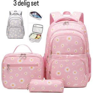 3 delig set schoolrugzak lunchtas/pennenetui voor meisjes/tieners vanaf 4 jaar - rugzak voor op school/boekentas met 2 ritssluiting - waterdicht/verstelbare schouderbanden - lunchboxtas - schooltas met madeliefje roze 29L x 16B x 42H grote capaciteit