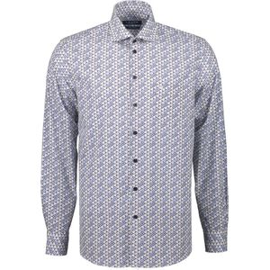 Ledub modern fit overhemd - popeline - wit met blauw en beige dessin - Strijkvriendelijk - Boordmaat: 46