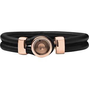 Quiges Leren Armband Zwart met Verwisselbare RVS Mini Munt Houder Rosékleurig 20 cm