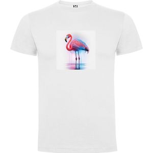 Wit T-Shirt met “ Kleurrijke Flamingo“ Print Full Color maat 140 9/10 jaar