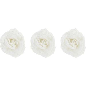 3x stuks decoratie bloemen roos wit glitter op clip 18 cm - Decoratiebloemen/kerstboomversiering/kerstversiering
