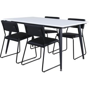 Jimmy150 eethoek eetkamertafel uitschuifbare tafel lengte cm 150 / 240 wit en 4 Kenth eetkamerstal PU kunstleer zwart.