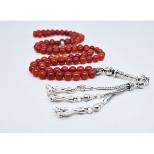 Handgemaakte tesbih natuursteen ""Rood Agaat"" 99 kralen met metaal tassel ""Palm"" - Een mooi cadeau-idee
