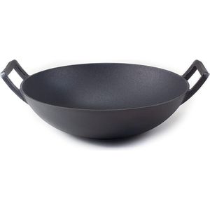 Gietijzeren wok, hoog, inbouw wokpan met Ø 35,5 cm, item voor inductie, robuuste en rustieke dieetijzeren pan