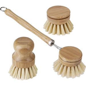 Natuurlijke afwasborstel scrubber lange steel - pan wasborstel met vervangende kop - ronde mini palm scrub - stijve borstelharen - reiniging voor keukenpot schrobber met steel