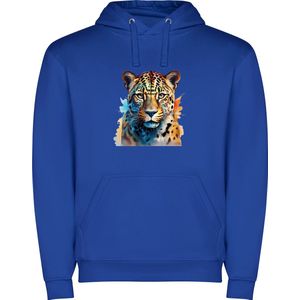 Kobalt Blauwe unisex hoodie met “ Kleurrijke Luipaard“ Print Full Color merk Roly maat S