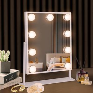 Hollywood Spiegel met Verlichting - Draadloos Oplaadstation - 3 Kleuren Licht - 9 Dimbare LED Lampen - 360 Graden Rotatie - Makeup Spiegel Hollywood spiegel