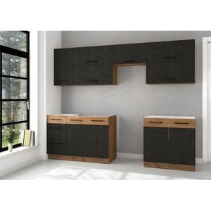 Complete ROCK keuken met 7 elementen - Lancelot eiken en matera grijs decor - L260 x D 52 x H82 cm - Werkblad niet inbegrepen