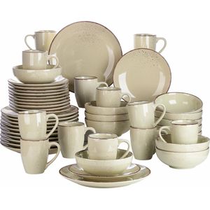 Venori Keramisch servies - Beige servies - 48-delig - 10 persoons serviesset - Dinerbord - Dessertbord - Kom - Mok