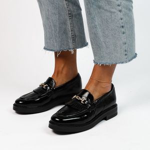 Manfield - Dames - Zwarte lakleren loafers met goudkleurige details - Maat 41
