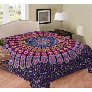 2 persoons sprei - 100% Duurzaam katoen - Paars/roze/geel - Mandala - Dunne sprei- zomer sprei