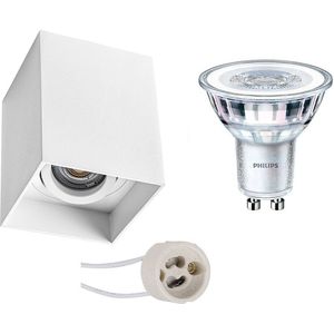 Opbouwspot Set - Pragmi Luxina Pro - GU10 Fitting - Opbouw Vierkant - Mat Wit - Verdiept - Kantelbaar - 90mm - Philips - CorePro 830 36D - 3.5W - Warm Wit 3000K