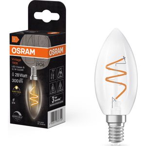 OSRAM Vintage 1906 Klassieke, warmwitte, dimbare LED-lamp in minikaarsvorm met spiraalvormige gloeidraad, biedt 3,1 W, 300 lm, E14 fitting, helder gekleurd glas, 35 mm diameter, 2700 K.