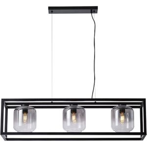 Moderne glazen hanglamp Dentro | smoke / zwart / transparant | drie lichtpunten | glas / metaal | Ø 18 cm | 28 x 28 cm | lengte 110 cm | eettafellamp | modern design