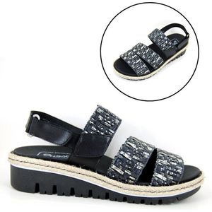 Stravers - Comfortabele Raffia Look Sandalen Maat 43 Uitneembaar Voetbed Grote Maten Zwarte Leren Sandalen