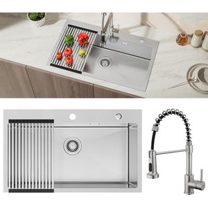 Auralum max Spoelbak Keuken 75x45 - Met keukenkraan met uittrekbare uitloop - Spoelbak Met Kraangat - Inbouwspoelbak - Gootsteen RVS - Spoelbak Met Afdruiprek - Overloop en Sifon - Wasbak Keuken - Spoelbakken RVS
