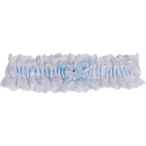 Kousenband grote maat - blauw kant met bloemtje en strass