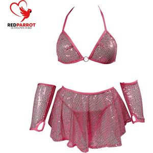 Doorschijnende Roze Glitter Lingerie 4-delig | Transparant | String + Beha + Mouwen | Sexy lingerie pak | Erotische uitstraling