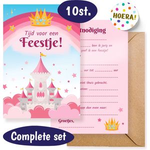 Uitnodiging Kinderfeestje – 10 stuks – Prinses Uitnodigingskaarten – Prinsessen Kasteel – Uitnodigingen Verjaardag Feestje – Incl. Enveloppen en Sluitstickers - Meisje