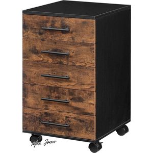 Mrs. Jones Archiefkast Rolcontainer 5 Laden Houten Bureaukast Commode Opbergkast - Industriële Stijl - Eenvoudige Montage - Rustiek Donkerbruin en Zwart .