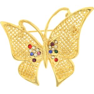 Behave® Broche vlinder goud kleur met multi kleur steentjes 4,5 cm
