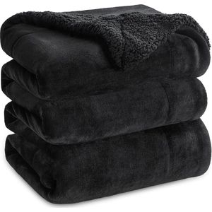 Knuffeldeken, wollig, bankovertrek, zwart, deken, bank, klein als bankdeken, sprei en woonkamerdeken, woondeken van zachte fleece , fleecedeken, 130 x 150 cm