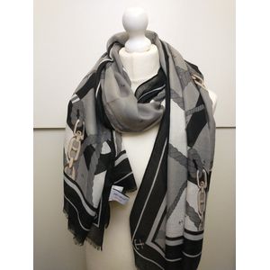 Lange dames sjaal Julia fantasiemotief zwart grijs wit