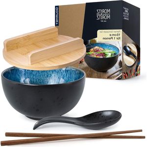 Ramen Blue Reagent met deksel en zwarte lepel voor 1 persoon - Voor soep pho en sushibowl Schalen set