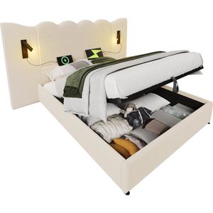 Merax Gestoffeerd Tweepersoonsbed 180x200 cm met Leselamp - USB Type-C Oplaadfunctie en Lattenbodem – Bed met Opbergruimte van Massief Hout en Metaal - Beige-Wit - Cordstof (Zonder Matras)
