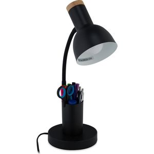 Relaxdays bureaulamp met pennenbak - zwarte tafellamp e27 - ronde leeslamp - nachtkastje