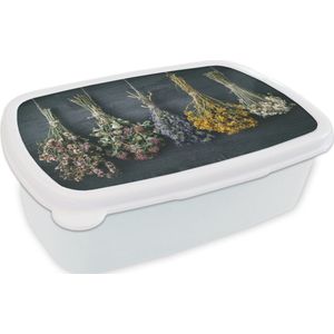 Broodtrommel Wit - Lunchbox - Brooddoos - Droogbloemen - Bloemen - Boeket - Stilleven - Touw - Bundel - 18x12x6 cm - Volwassenen