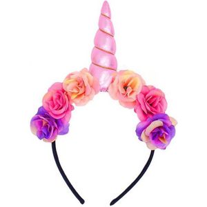 KIMU Bloemen Eenhoorn Haarband Lichtroze - Unicorn Diadeem Roze Hoorn Glitter - Bloemetjes Paars Roze Festival
