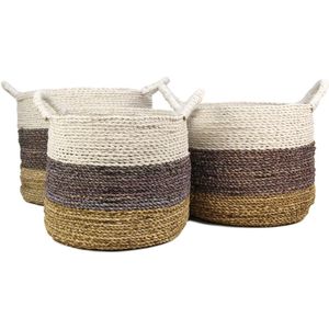 Mandenset Malibu - naturel/paars/wit - raffia/zeegras - set van 3