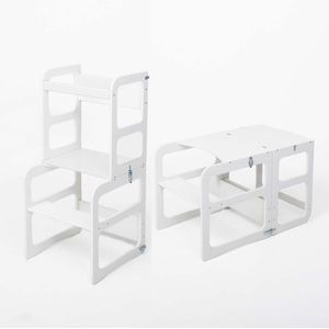 Montessori Keukentoren Peutertoren Leertoren - 2-in-1 Transformeerbare Keukentrap - Tafel & Stoel - WIT