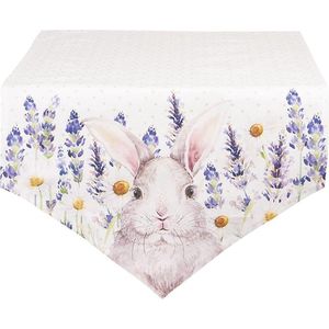 Clayre & Eef Tafelloper 50x160 cm Wit Roze Katoen Lavendel Konijn Tafelkleed