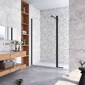 140x200cm zwarte inloopdouche + 40x200cm draaibaar hoekprofiel + F-vorm 90cm Stabilisatiestang 8mm EasyClean veiligheidsglas douchepartitie