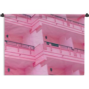 Wandkleed - Wanddoek - Balkon - Zomer - Roze - Architectuur - 60x45 cm - Wandtapijt