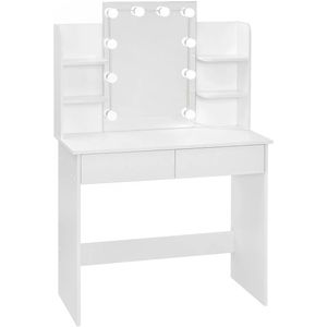 Kaptafel - Make-up Tafel - Kaptafel met Spiegel en Verlichting - LED Spiegel - 2 Lades - 4 Opbergplanken - Verstelbare Verlichting - 90x40x135 cm - 75 kg - Wit
