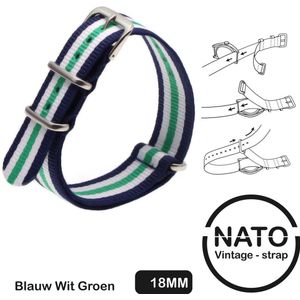 18mm Nato Strap Blauw met Groene en Witte streep - Vintage James Bond - Nato Strap collectie - Mannen - Horlogebanden - Blue Green - 18 mm bandbreedte voor oa. Seiko Rolex Omega Casio en Citizen