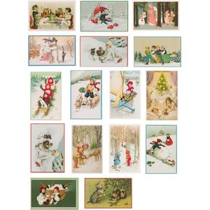 Nostalgische kerstkaarten - 16 stuks - SC - Klassieke Vintage afbeeldingen - Winter - Sneeuw - Feestelijk - Jaarwisseling - Oude Brocante kerstkaarten