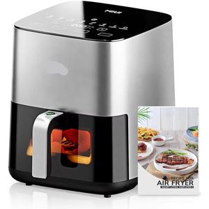 Heteluchtfriteuse - 5L - Oven - Touch Bediening - en Kijkvenster - Elektrische Olievrije - met Antiaanbakmand - Familieformaat - Lichtgrijs
