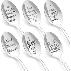 Personalised Spoons, Set of 6 Engraved Stainless Steel Spoons, Coffee Spoons, Tea and Coffee Lovers, Wife, Husband, Boyfriend, Girlfriend, Anniversary, Unique Birthday Gifts, Christmas Gifts