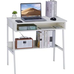 Computerbureau klein bureau met opbergruimte houten bureau met metalen frame B80x D48 x H75CM werktafel werkplek gaming bureau werktafel thuiskantoor slaapkamer wit