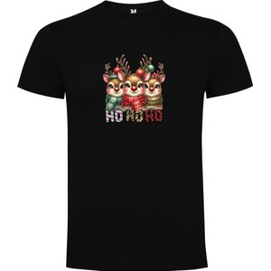 Zwart T-Shirt met “Kleurrijke Ho Ho Ho met schattige rendieren “ Print Full Color Maat M