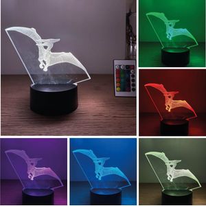 Klarigo® Nachtlamp – Pterosaurier - Vliegende Dino - 3D LED Lamp Illusie – 16 Kleuren – Bureaulamp - Sfeerlamp – Nachtlampje Kinderen – Creative lamp - Met afstandsbediening