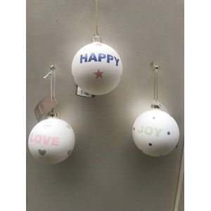 Set van 3 glazen kerstballen HAPPY JOY LOVE mat wit met print